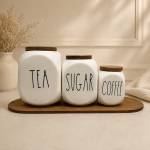 ست بانکه ۳ عددی استونور مدل دایس طرح نوشته (TEA/SUGAR/COFFEE) | بدون زیره چوبی