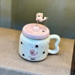 ماگ سرامیکی درب‌دار طرح گربه با نی شیشه‌ای - تصویر 4
