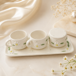 ست چای‌خوری سرامیکی ۴ پارچه طرح بابونه برجسته با سینی