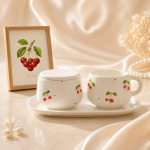 ست چای‌خوری سرامیکی ۳ پارچه طرح گیلاس با سینی و ظرف درب‌دار